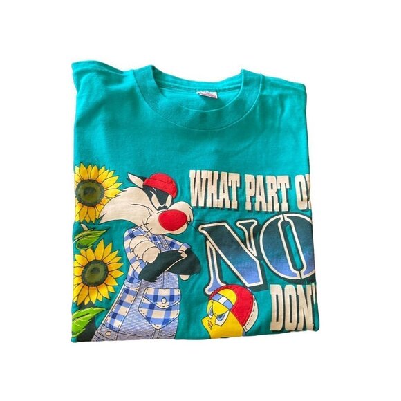 Vintage 1990 Green What Part of No Don't You Understand Sylvester Tweety T Shirt - Picture 6 of 6